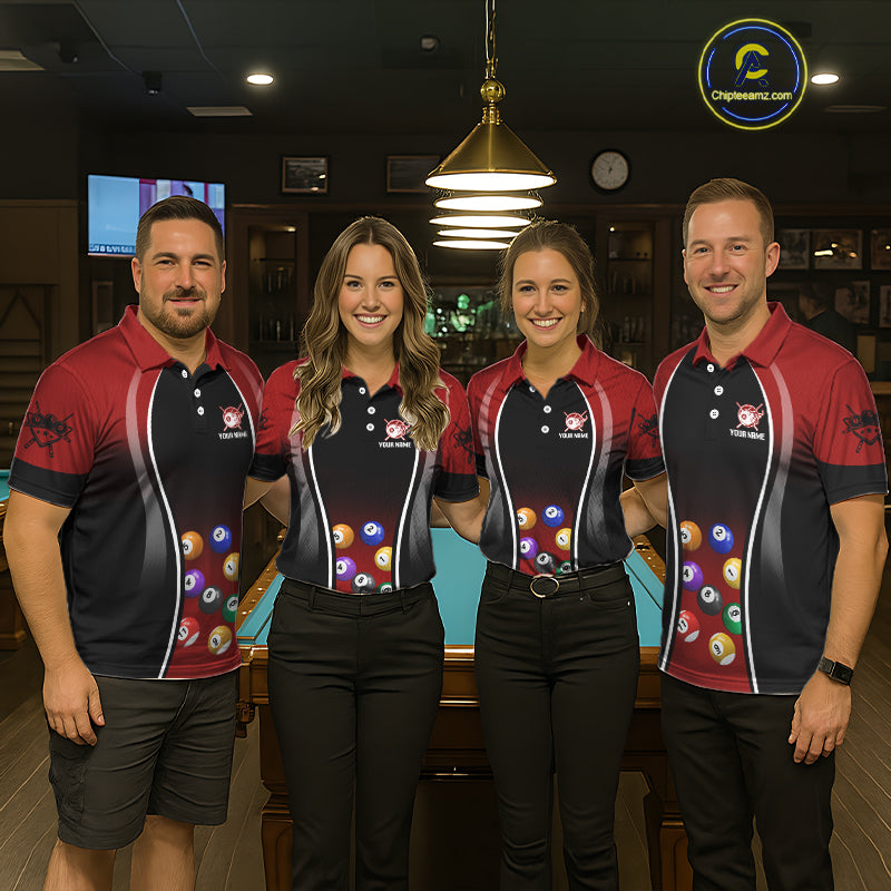 Red Funny Bull Pool Balls Men Billiard Polo & 1/4-Zip Apparel Custom Billiard Shirt Designs NYN2408