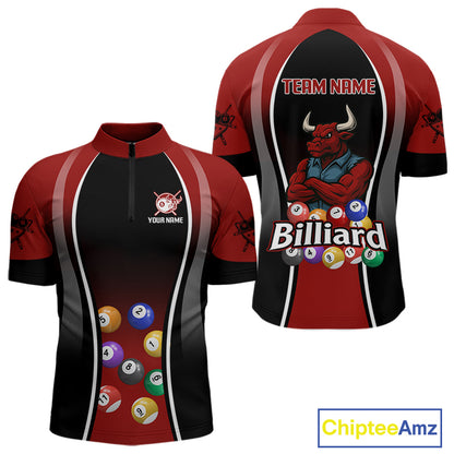 Red Funny Bull Pool Balls Men Billiard Polo & 1/4-Zip Apparel Custom Billiard Shirt Designs NYN2408
