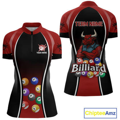 Red Funny Bull Pool Balls Women Billiard Polo & 1/4-Zip Apparel Custom Billiard Shirt Designs NYN2408