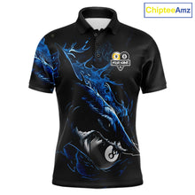 Load image into Gallery viewer, Funny Shark Blue women's pool polo shirt featuring playful shark and 8 Ball 9 Ball artwork, custom billiard team jersey, cue sports apparel, fun tournament uniform