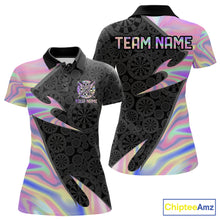 Load image into Gallery viewer, Pink Holographic dartboard women's darts polo on black background, custom darts tournament jersey, personalized league shirt, iridescent performance apparel, steel tip darts clothing, modern athletic team uniform