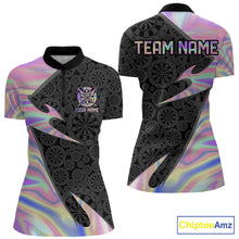 Load image into Gallery viewer, Women's holographic quarter-zip darts jersey featuring vibrant dartboard graphics, personalized tournament shirt, custom dart league apparel, premium performance uniform, championship team jersey