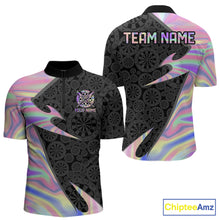 Load image into Gallery viewer, Men's holographic quarter-zip darts shirt with colorful dartboard artwork, custom darts tournament jersey, personalized league apparel, athletic performance clothing
