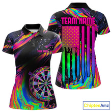 Load image into Gallery viewer, Psychedelic Holographic US Flag women's darts polo featuring colorful dartboard artwork, custom tournament jersey, patriotic league apparel, vibrant performance sportswear