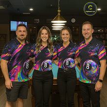 Load image into Gallery viewer, Colorful holographic custom billiard team jerseys featuring 8 Ball artwork, matching pool tournament uniforms, cue sports apparel, league championship shirts