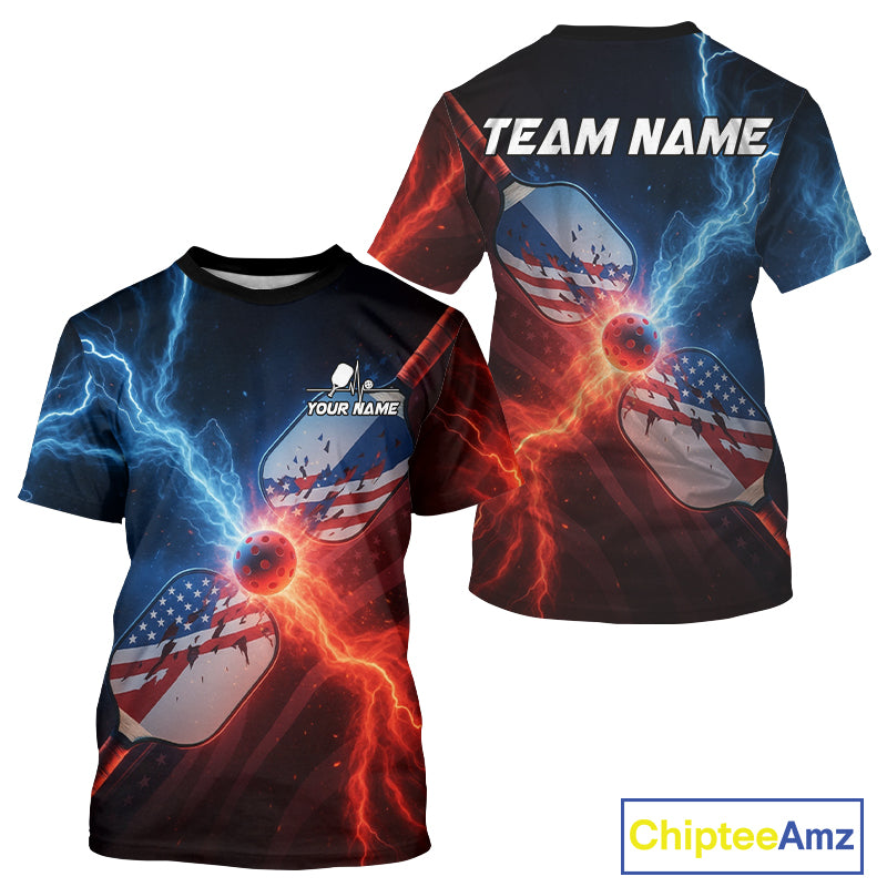 Custom Lightning US Flag Paddles Men's Pickleball T-Shirt Patriotic Pickleball Jerseys NYN1893