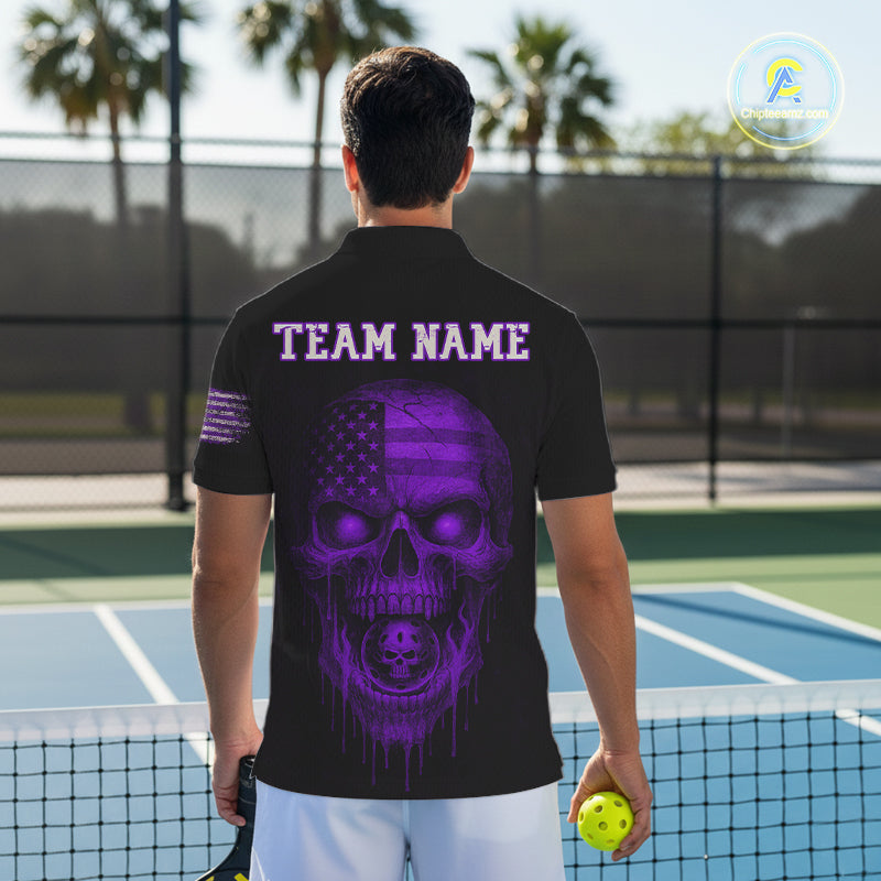 Custom Purple Grunge Skull Pickleball Ball League Jerseys For Men US Flag Pickleball Shirts NYN2151