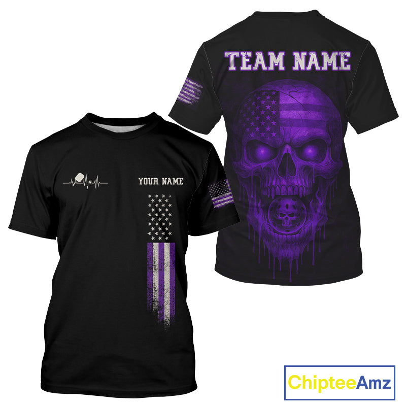 Custom Purple Grunge Skull Pickleball Ball League Jerseys For Men US Flag Pickleball Shirts NYN2151