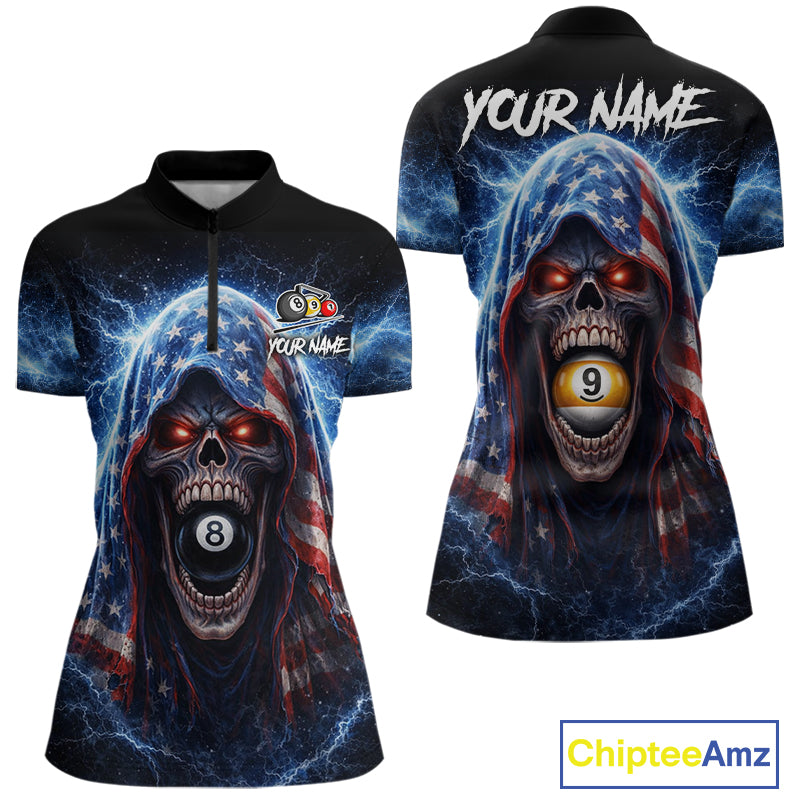 US Flag Thunder Grim Reaper 8 Ball 9 Ball Pool Women Billiard Shirt Custom Patriotic Billiard Apparel NYN2636