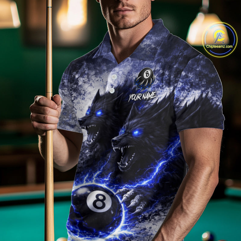 Grey & Blue Grunge Wolfs Claws Thunder 8 Ball Pool Men Billiard Shirt Custom Billiard Team Attire NYN2640