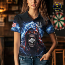 Load image into Gallery viewer, American Flag Thunder Grim Reaper Dartboard Women Darts Polo Shirt Custom Patriotic Dart League Shirt NYN2641