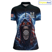 Load image into Gallery viewer, American Flag Thunder Grim Reaper Dartboard Women Darts 1/4-Zip Shirt Custom Patriotic Dart League Shirt NYN2641
