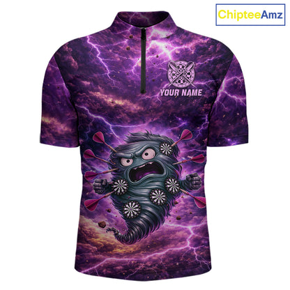 Purple Funny Scary Tornado Dartboard & Arrow Men Darts 1/4-Zip Shirt Custom Dart League Shirts NYN2643