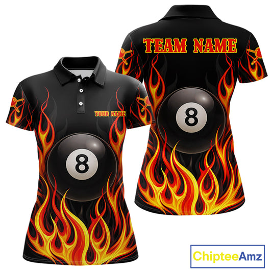 Personalized 8 Ball Fire Flame Pool Billiard Polo & 1/4 Zip For Women Custom Flame Billiard Team Attire NYN3013