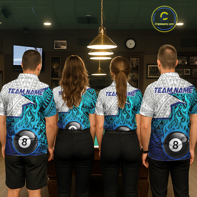 Billiards Pool Player White Blue Tribal Polo Quater-Zip Shirts For Men, Custom Billiard Team Jerseys NYN3015