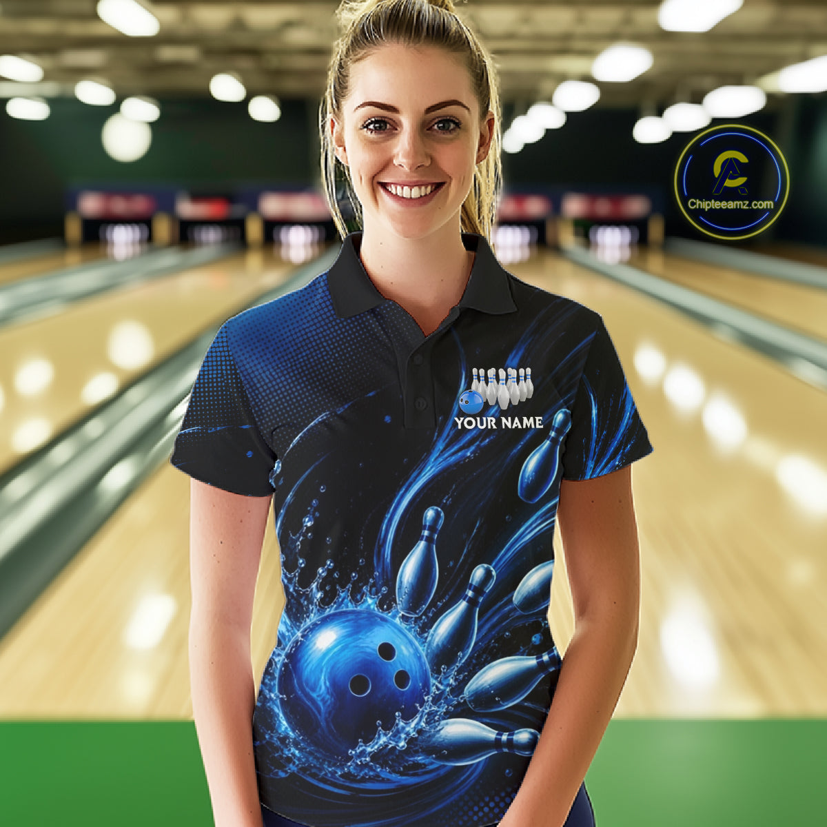Blue Watering Bowling Ball & Pins Jerseys For Women Custom Splatter Bowling Shirt Team Attire NYN3181