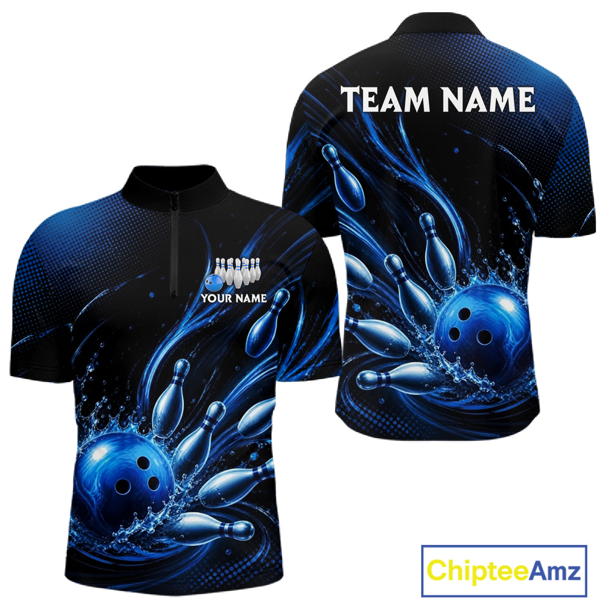 Blue Watering Bowling Ball & Pins Jerseys For Men Custom Splatter Bowling Shirt Team Attire NYN3181