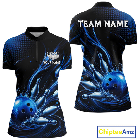 Blue Watering Bowling Ball & Pins Jerseys For Women Custom Splatter Bowling Shirt Team Attire NYN3181