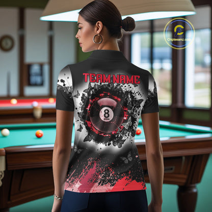 Black, White & Red Billiard 8 Ball Pool Shirt For Women Custom Butterfly Grunge Team Billiard Jersey NYN3439