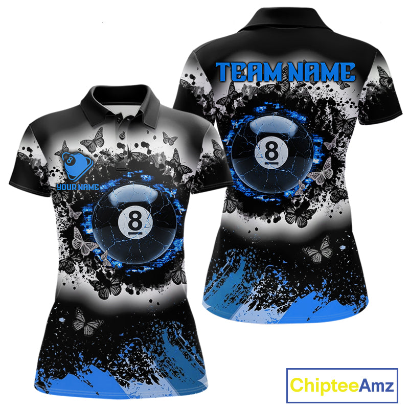 Black white blue billiard 8 ball pool shirt for women butterfly grunge billiard jersey