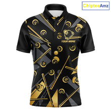 Load image into Gallery viewer, Black &amp; Gold 8 Ball men's billiard polo with metallic gold styling, personalized pool tournament jersey, custom cue sports apparel, APA league uniform, professional billiard team shirt, championship performance sportswear
