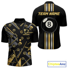 Load image into Gallery viewer, Black &amp; Gold 8 Ball men's quarter-zip pool jersey, custom billiard tournament shirt, personalized APA league apparel, professional cue sports uniform, championship team clothing, premium athletic wear