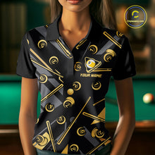 Load image into Gallery viewer, Female model wearing Black &amp; Gold 9 Ball women's billiard polo, custom league tournament jersey, personalized cue sports apparel, championship performance clothing