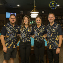 Load image into Gallery viewer, Matching Black &amp; Gold 9 Ball billiard team jerseys, custom pool tournament uniforms, league apparel, cue sports championship clothing, premium team performance jerseys
