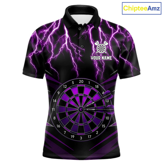 Thunder Lightning Men's Custom Darts Polo Shirt Mockup, Purple Dartboard Tournament Jersey, Personalized Dart Team Uniform, Professional Dart League Apparel