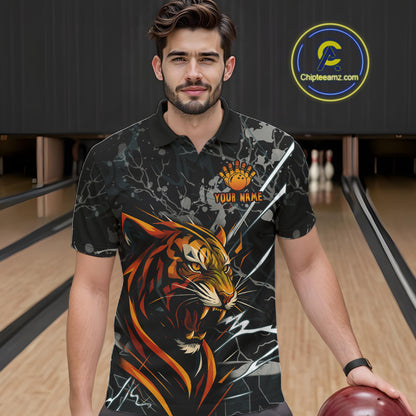 Funny Tiger Bowling Polo & 1/4-Zip Shirt For Men Custom Orange Team Bowling Tournament Jersey NYN3724