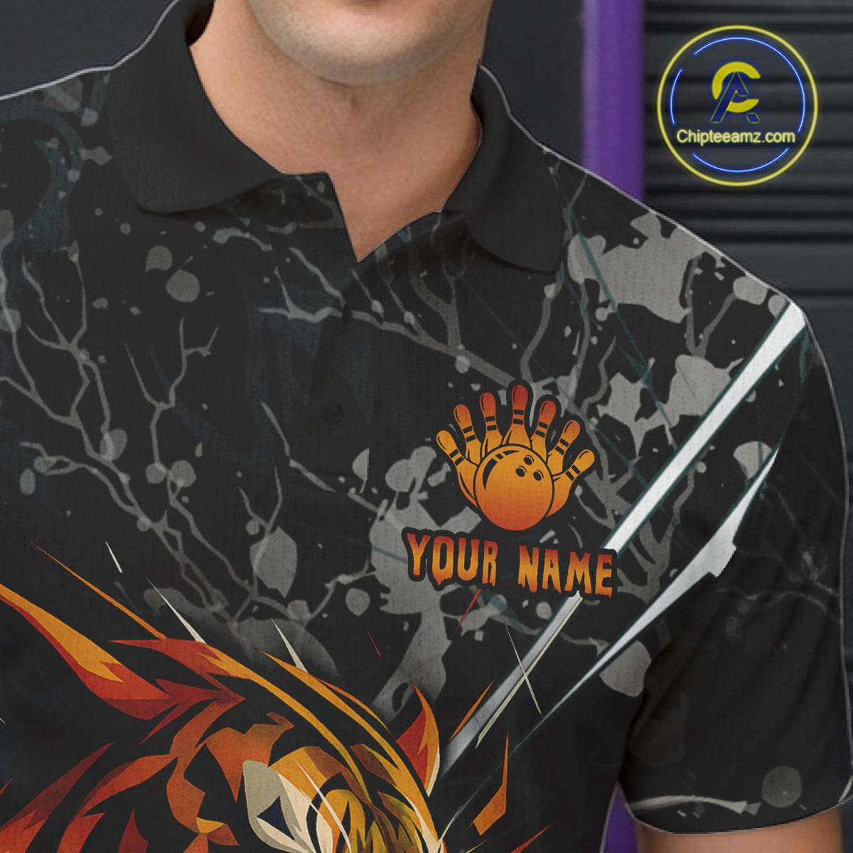 Funny Tiger Bowling Polo & 1/4-Zip Shirt For Men Custom Orange Team Bowling Tournament Jersey NYN3724