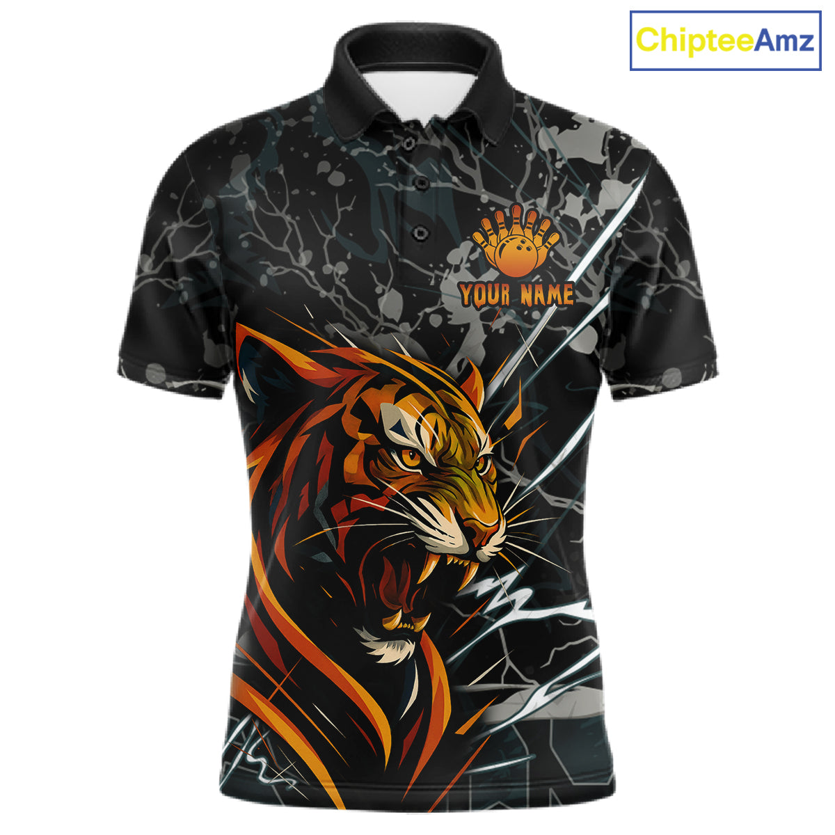 Funny Tiger Bowling Polo & 1/4-Zip Shirt For Men Custom Orange Team Bowling Tournament Jersey NYN3724