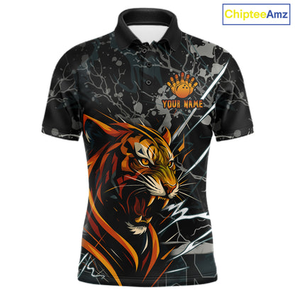 Funny Tiger Bowling Polo & 1/4-Zip Shirt For Men Custom Orange Team Bowling Tournament Jersey NYN3724