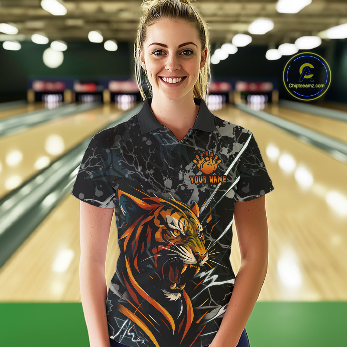 Funny Tiger Bowling Polo & 1/4-Zip Shirt For Women Custom Orange Team Bowling Tournament Jersey NYN3724
