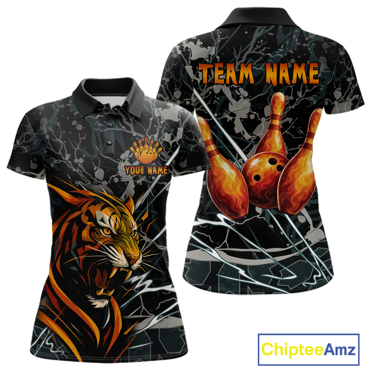Funny Tiger Bowling Polo & 1/4-Zip Shirt For Women Custom Orange Team Bowling Tournament Jersey NYN3724