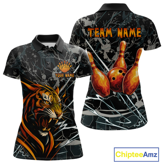 Funny Tiger Bowling Polo & 1/4-Zip Shirt For Women Custom Orange Team Bowling Tournament Jersey NYN3724