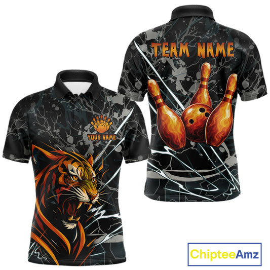 Funny Tiger Bowling Polo & 1/4-Zip Shirt For Men Custom Orange Team Bowling Tournament Jersey NYN3724