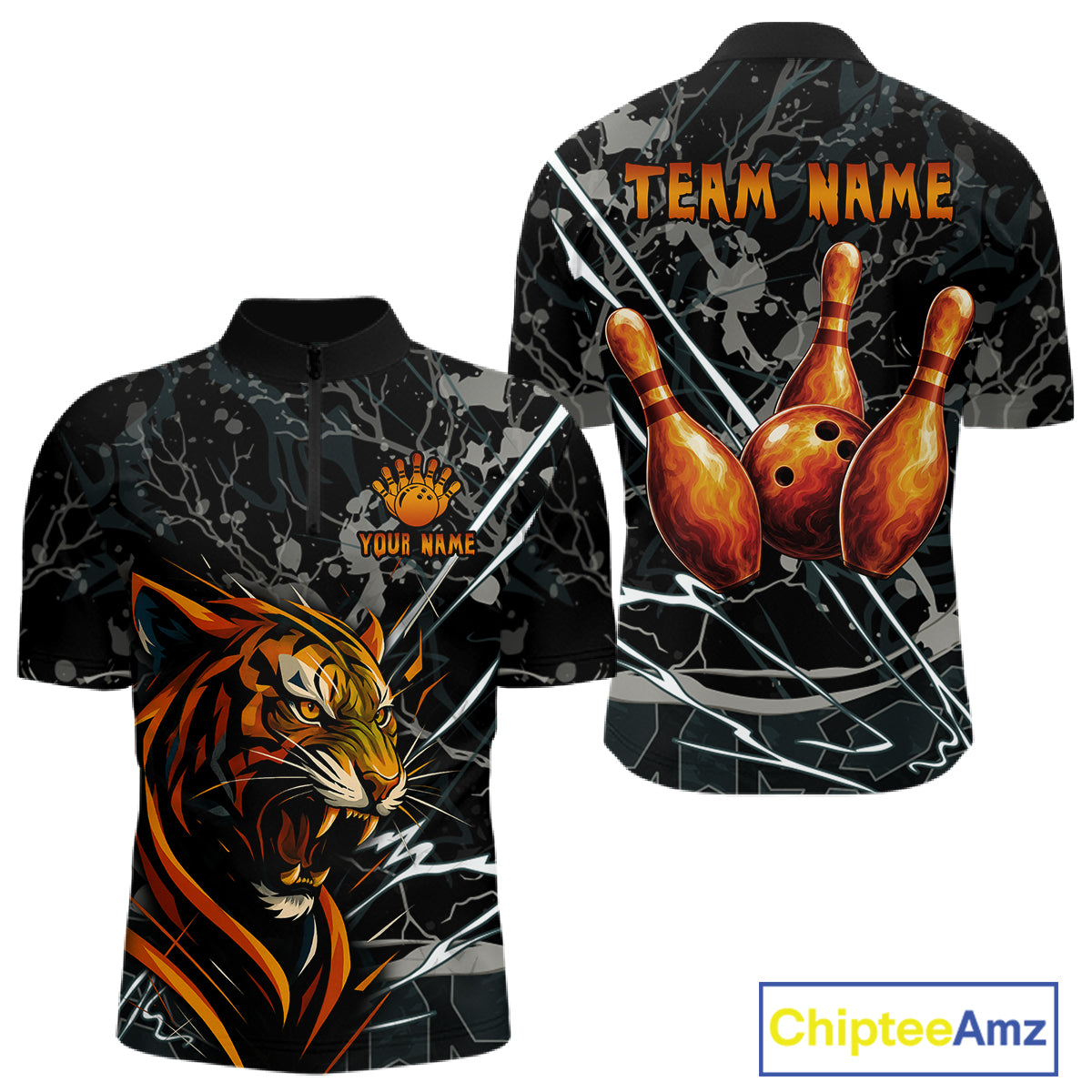 Funny Tiger Bowling Polo & 1/4-Zip Shirt For Men Custom Orange Team Bowling Tournament Jersey NYN3724