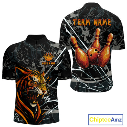 Funny Tiger Bowling Polo & 1/4-Zip Shirt For Men Custom Orange Team Bowling Tournament Jersey NYN3724