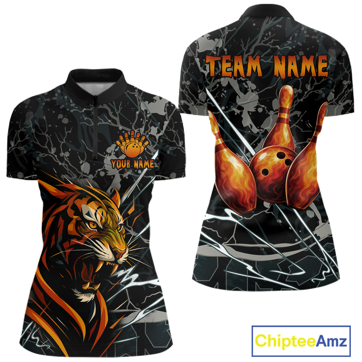 Funny Tiger Bowling Polo & 1/4-Zip Shirt For Women Custom Orange Team Bowling Tournament Jersey NYN3724