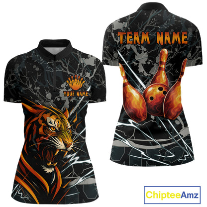 Funny Tiger Bowling Polo & 1/4-Zip Shirt For Women Custom Orange Team Bowling Tournament Jersey NYN3724
