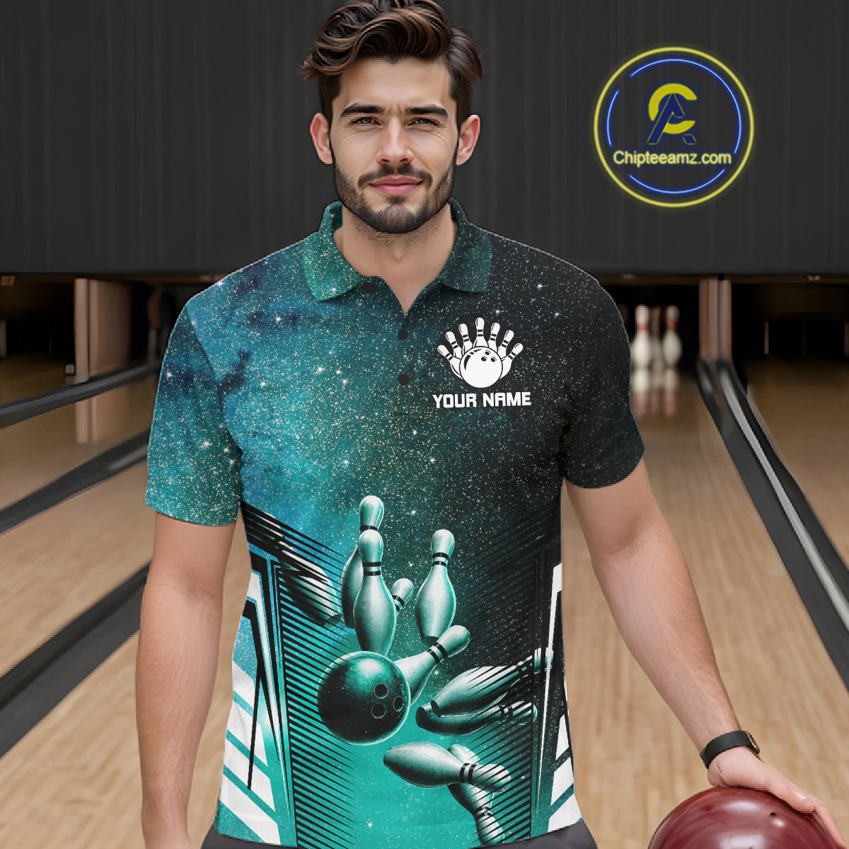 Turquoise Galaxy Bowling Ball Shirt For Men Custom Team Polo Quarter-Zip Bowling Jersey NYN3726