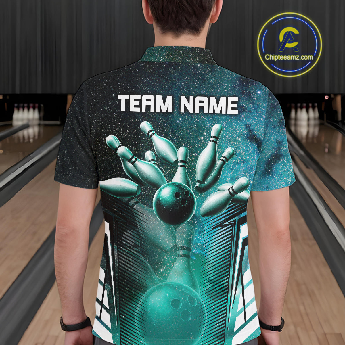 Turquoise Galaxy Bowling Ball Shirt For Men Custom Team Polo Quarter-Zip Bowling Jersey NYN3726