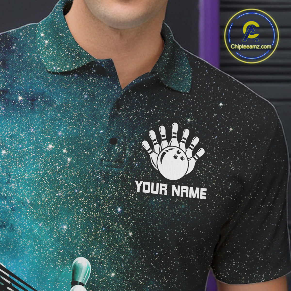 Turquoise Galaxy Bowling Ball Shirt For Men Custom Team Polo Quarter-Zip Bowling Jersey NYN3726