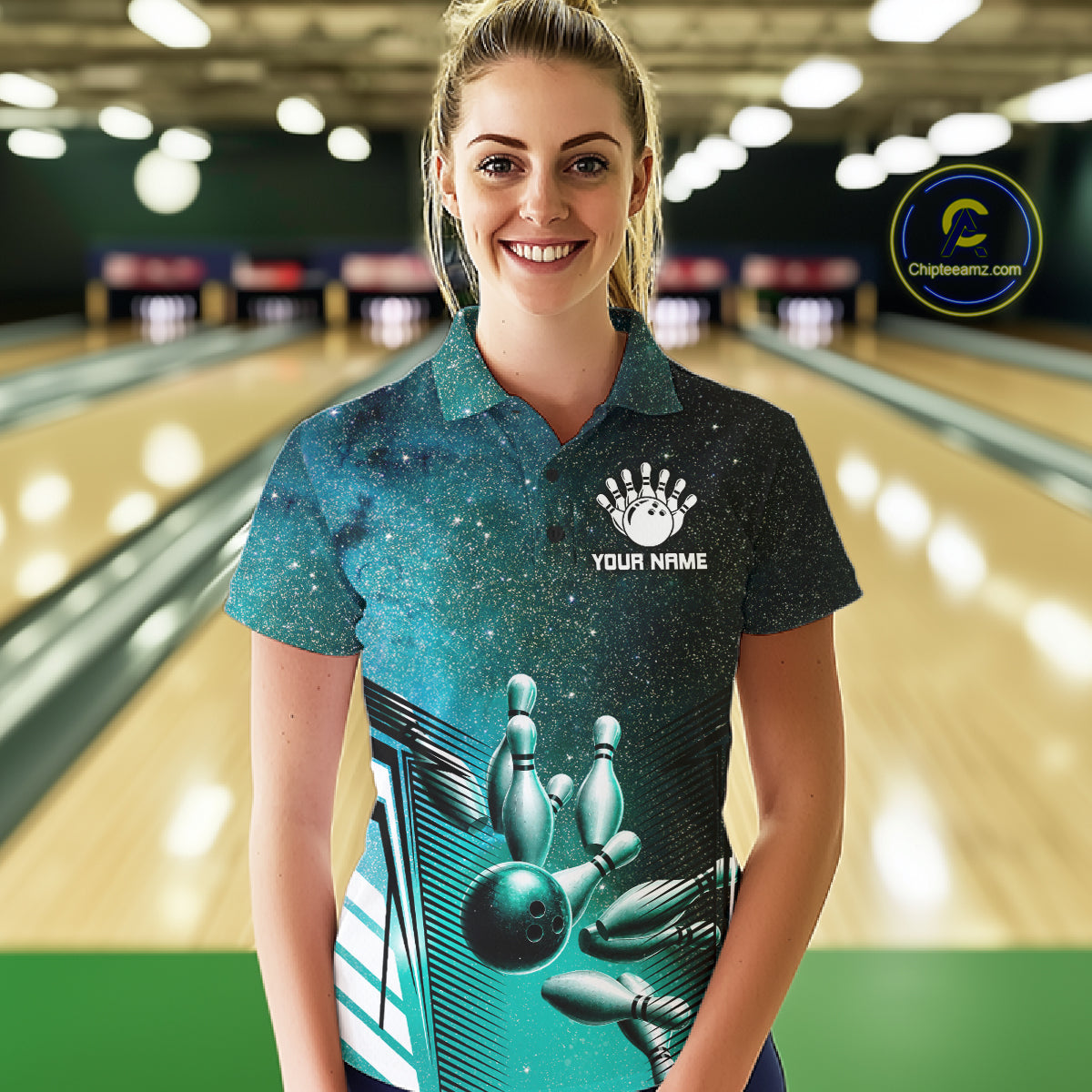 Turquoise Galaxy Bowling Ball Shirt For Women Custom Team Polo Quarter-Zip Bowling Jersey NYN3726