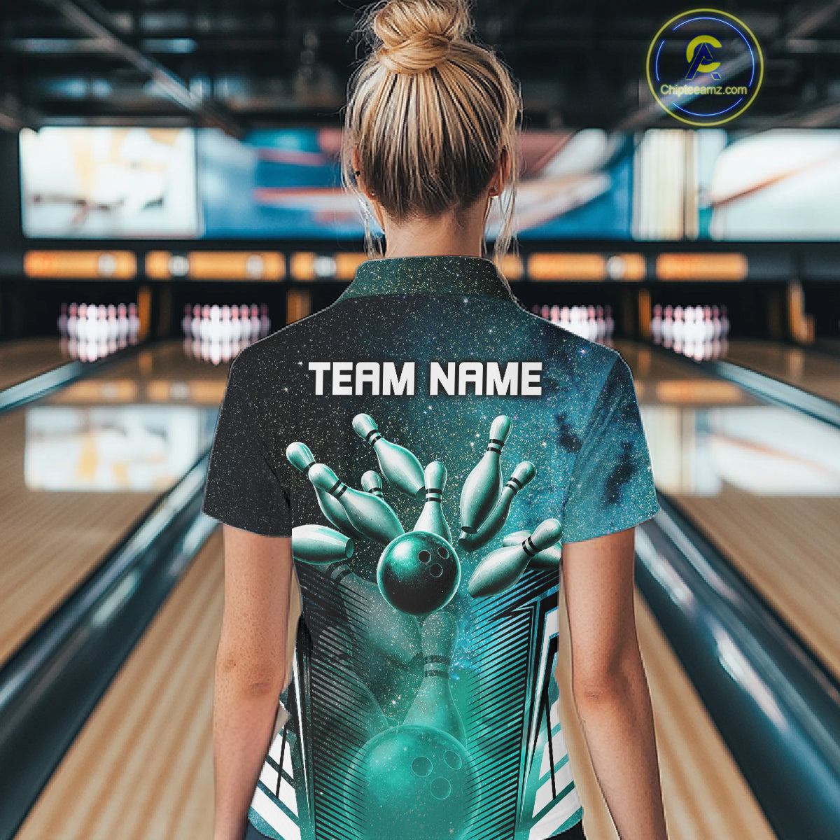 Turquoise Galaxy Bowling Ball Shirt For Women Custom Team Polo Quarter-Zip Bowling Jersey NYN3726