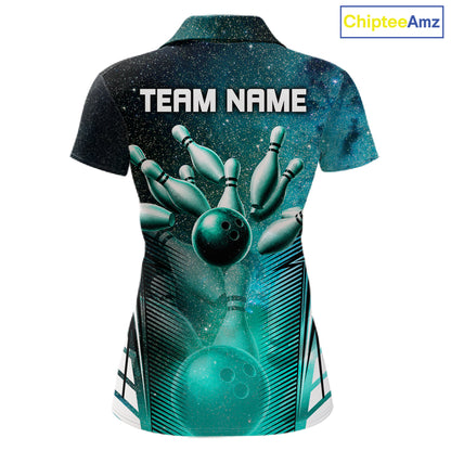 Turquoise Galaxy Bowling Ball Shirt For Women Custom Team Polo Quarter-Zip Bowling Jersey NYN3726