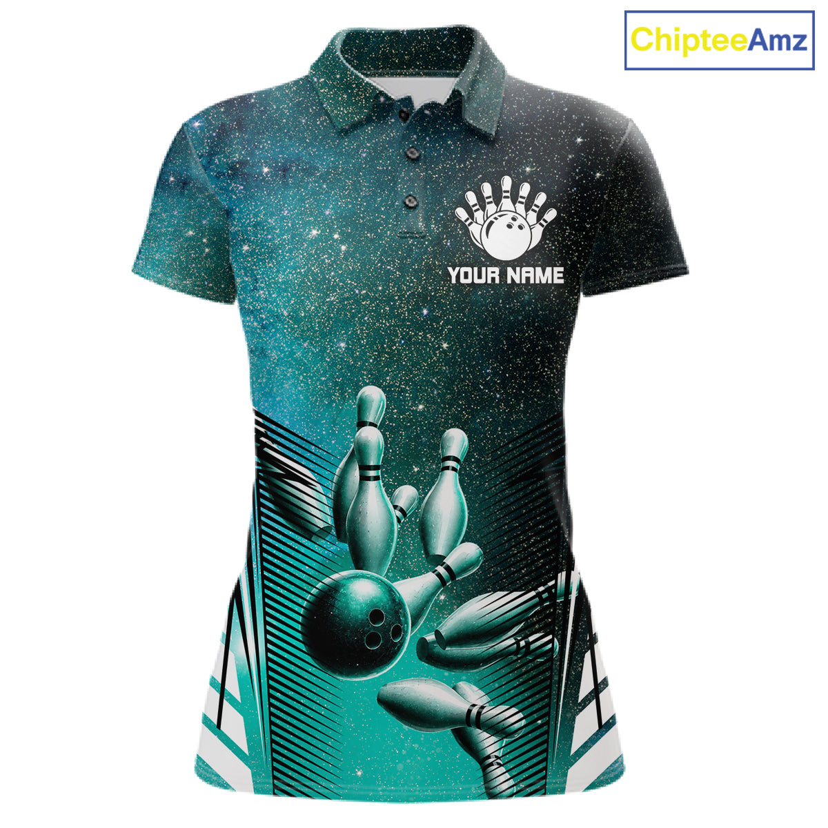 Turquoise Galaxy Bowling Ball Shirt For Women Custom Team Polo Quarter-Zip Bowling Jersey NYN3726