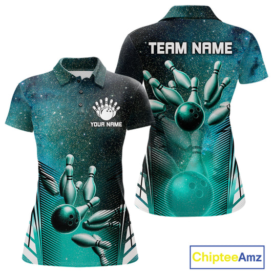 Turquoise Galaxy Bowling Ball Shirt For Women Custom Team Polo Quarter-Zip Bowling Jersey NYN3726