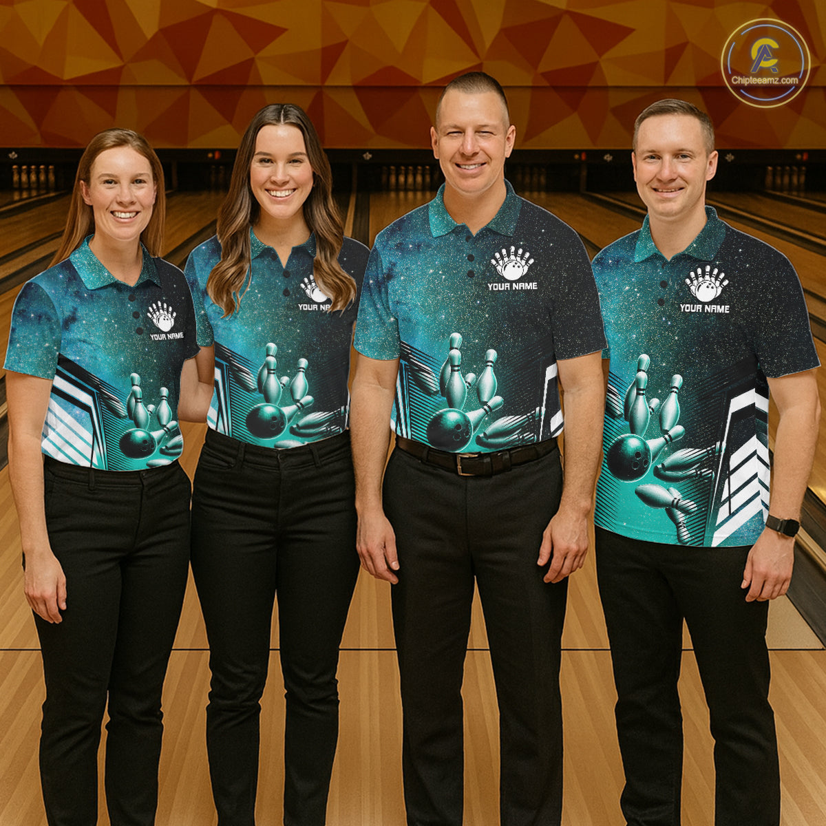 Turquoise Galaxy Bowling Ball Shirt For Women Custom Team Polo Quarter-Zip Bowling Jersey NYN3726